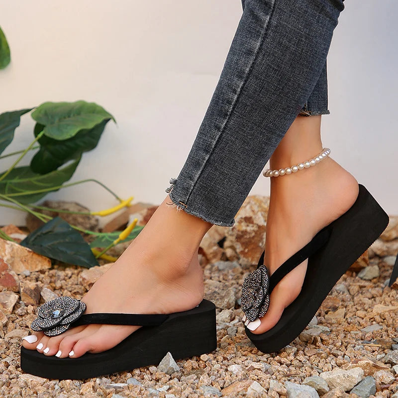 Summer Flip Flops for Flower Rhinestone Thick Bottom Sandals Colours Floral Wedges Flatform Sandles 2024 Open Toe Ladies Slides