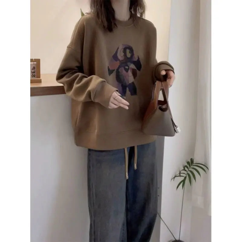 Plus Size Fleece Round Neck Sweatshirt Loose Casual Pullover Malat Brown Top