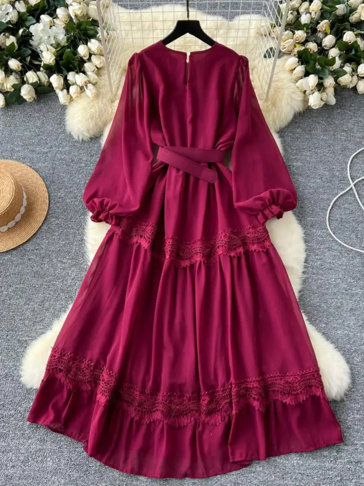 Vintage French Fashion Women Solid Round Neck Lace Patchwork Long Dress Autumn Lantern Sleeves Evening Party Ruffles Dress Trend