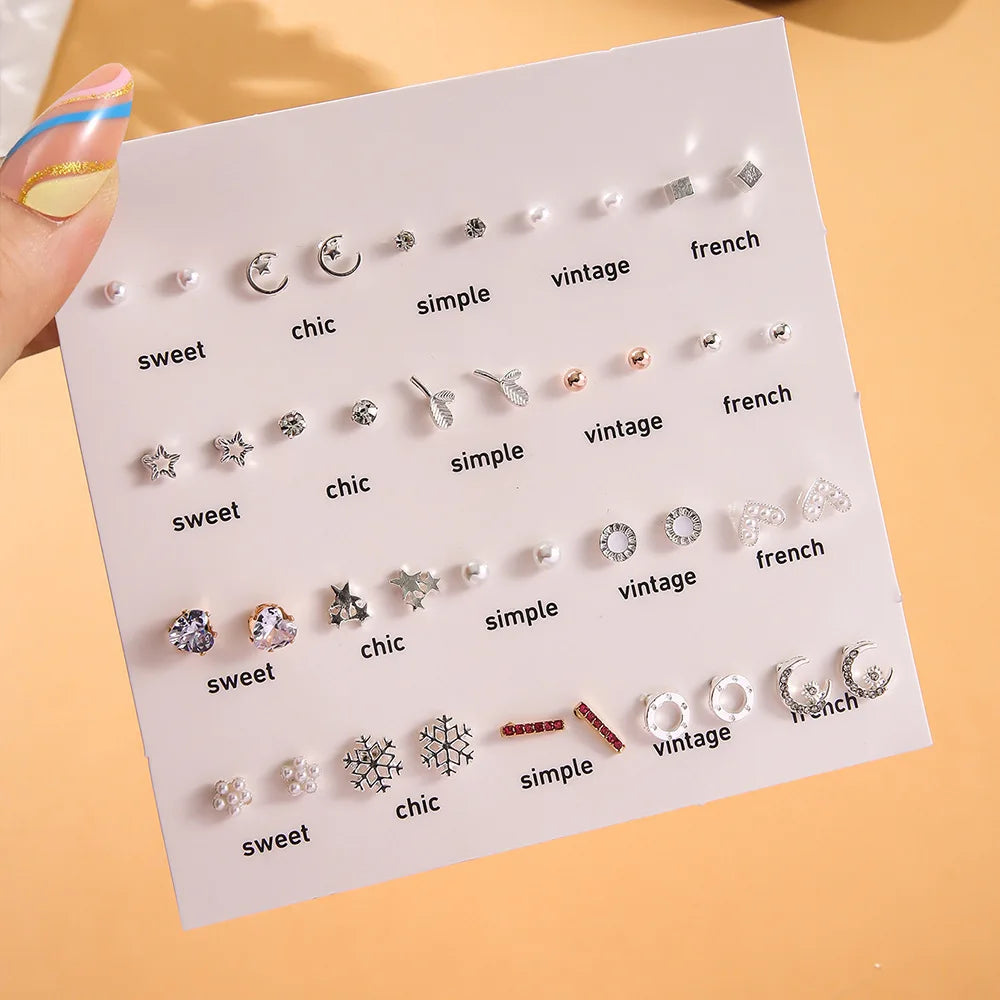 Cross-border Simple 20 Pairs of White Pearl Mini Stud Earrings Set, Hollow Love Heart Snowflake Earrings for Women