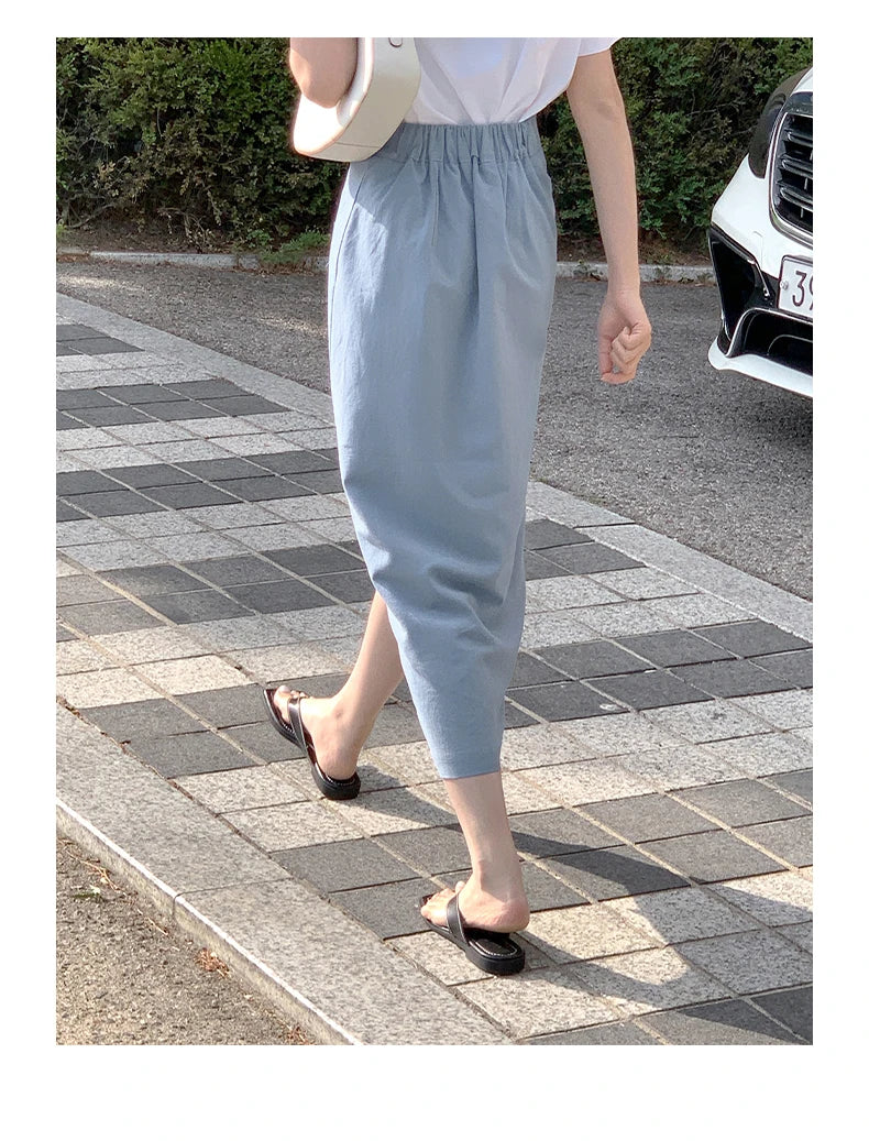 Women's Cotton Linen Skirt High Waist Elastic.