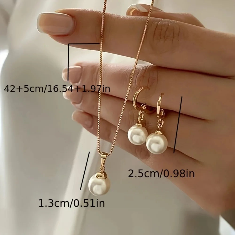 Vintage Jewelry Set Stylish Simple Necklace and Earrings Set with Imitation Pearl Pendant, Women's, Golden, Valentine's Day Gift