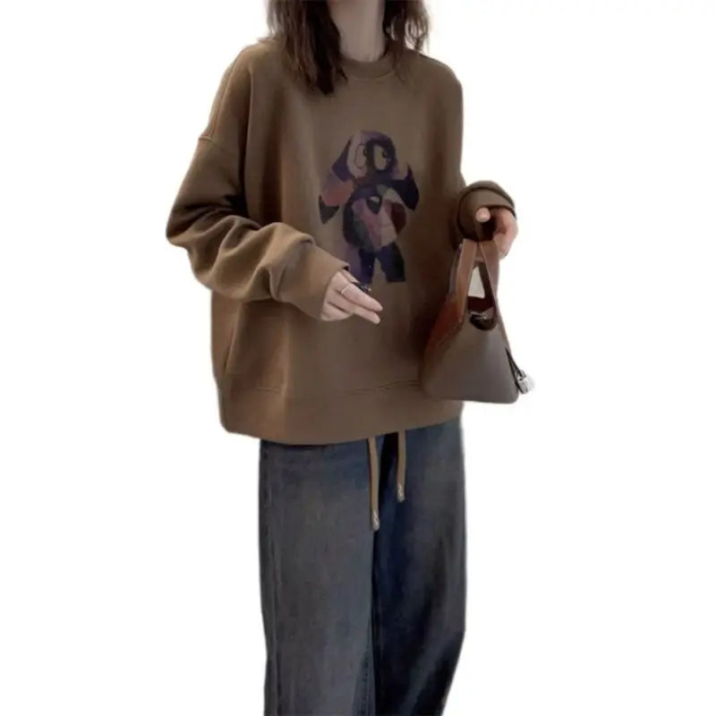 Plus Size Fleece Round Neck Sweatshirt Loose Casual Pullover Malat Brown Top