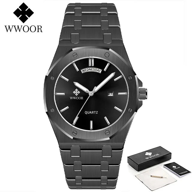 WWOOR Luxury Men Watch Business Quartz Clock Date Luminous Men's Watches Stainless Steel Waterproof Wristwatch Relogio Masculino