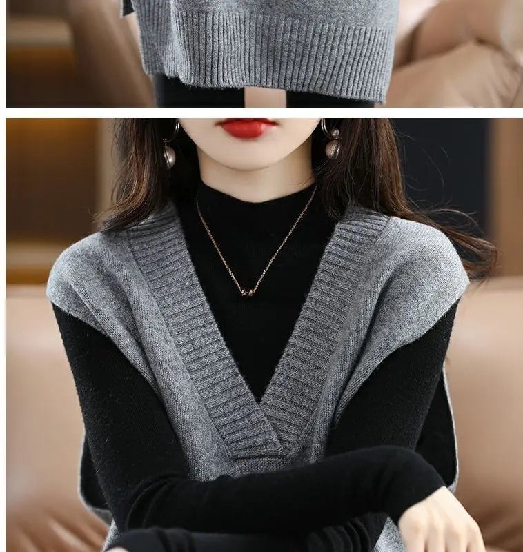 Navy blue plus size vest, medium to long length, in knit fabric.