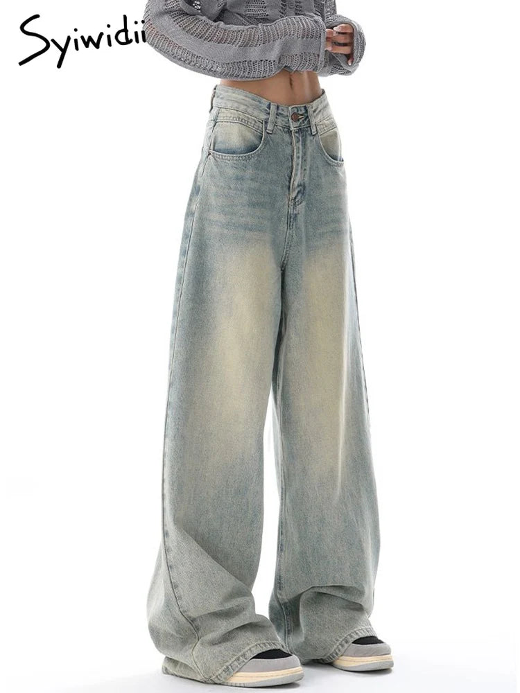Syiwidii Baggy Wide Leg Jeans Women Quality High Waisted Denim Pants Light Blue Full Length Korean Fashion Streetwear Y2K Jeans