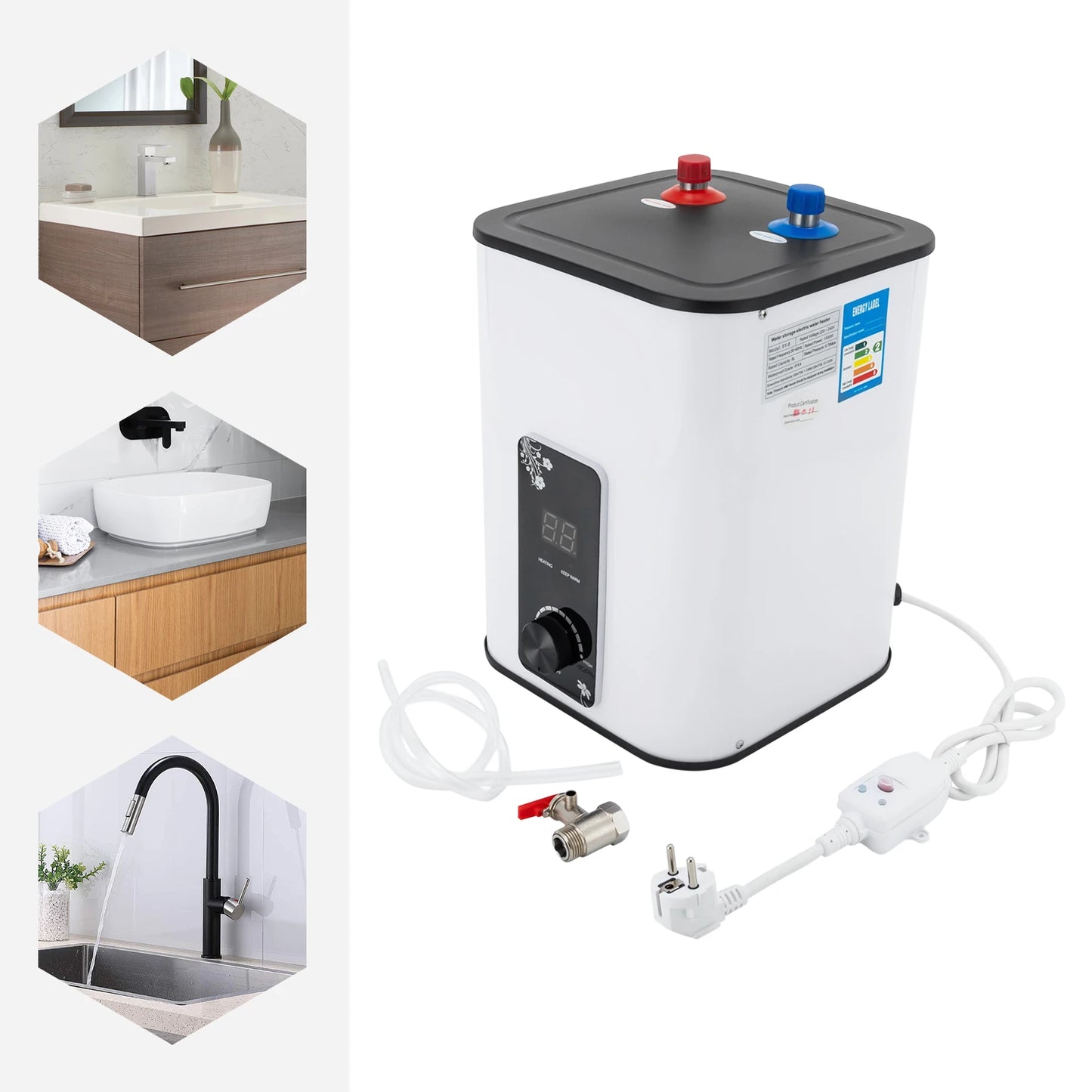 1500W 8L Electric Water Heater Instant Under Sink Stainless Steel Tank Fast Heating IPX4 Safe for Kitchen Bathroom RV SY-8
