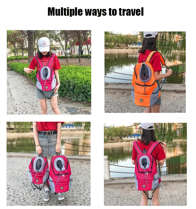 Portable travel backpack with double handles for pets.