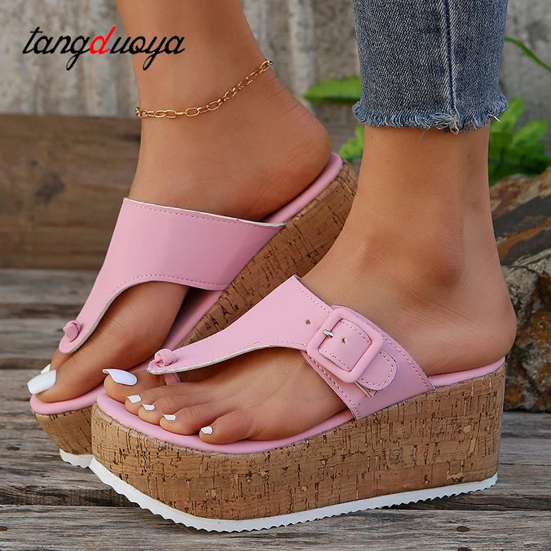 Women Beach Flip Flops Slippers Summer Slipper New Woman Metal buckle design High Heels Female Fashion Slides Wedges Sandals