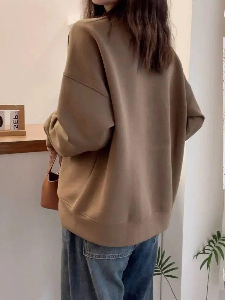 Plus Size Fleece Round Neck Sweatshirt Loose Casual Pullover Malat Brown Top