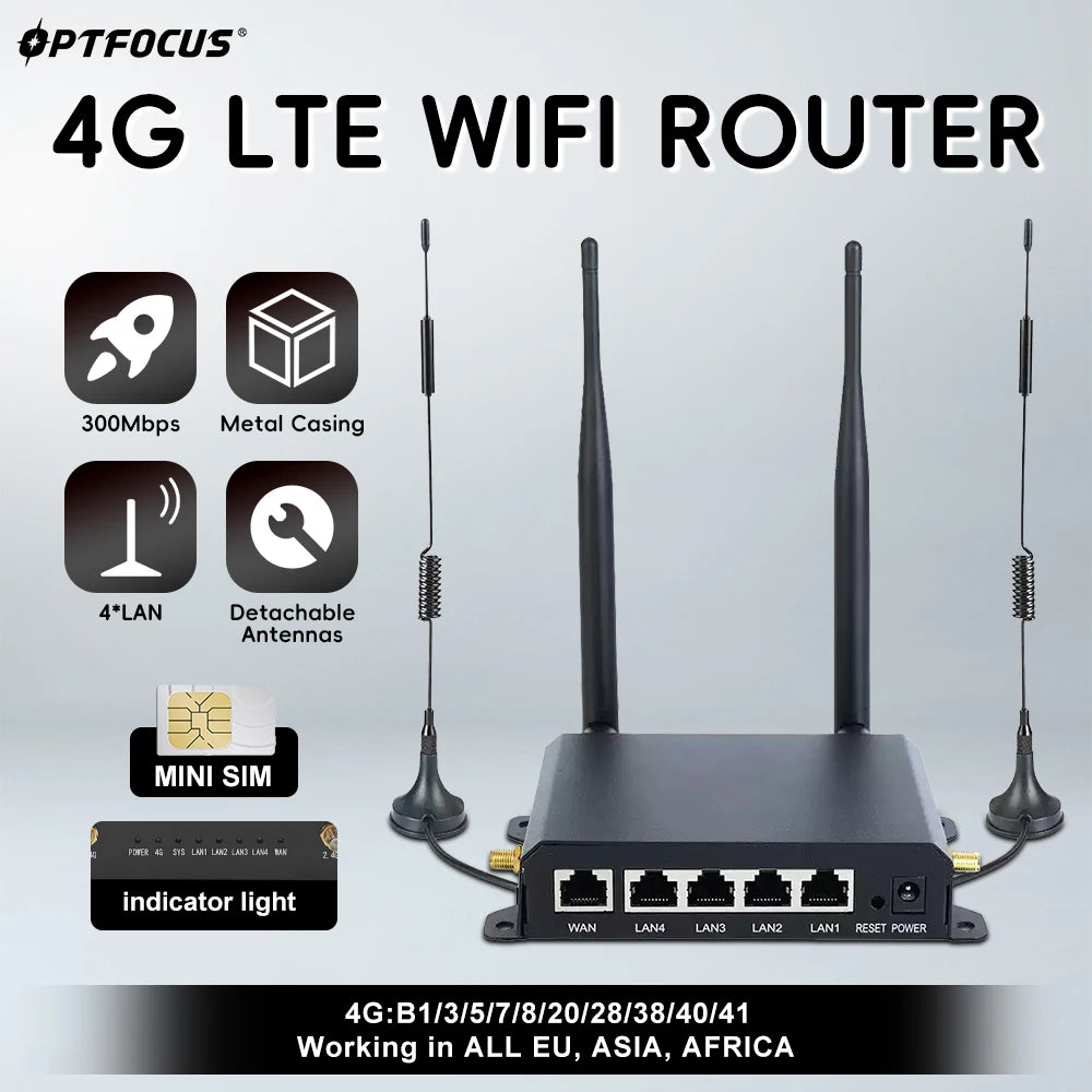 OPTFOCUS LTE WIFI Router 4G 300Mbps 4 Detachable Antennas Wireless Router 1WAN 4LAN USIM Card Slot Industrial Wifi Router