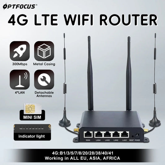 OPTFOCUS LTE WIFI Router 4G 300Mbps 4 Detachable Antennas Wireless Router 1WAN 4LAN USIM Card Slot Industrial Wifi Router