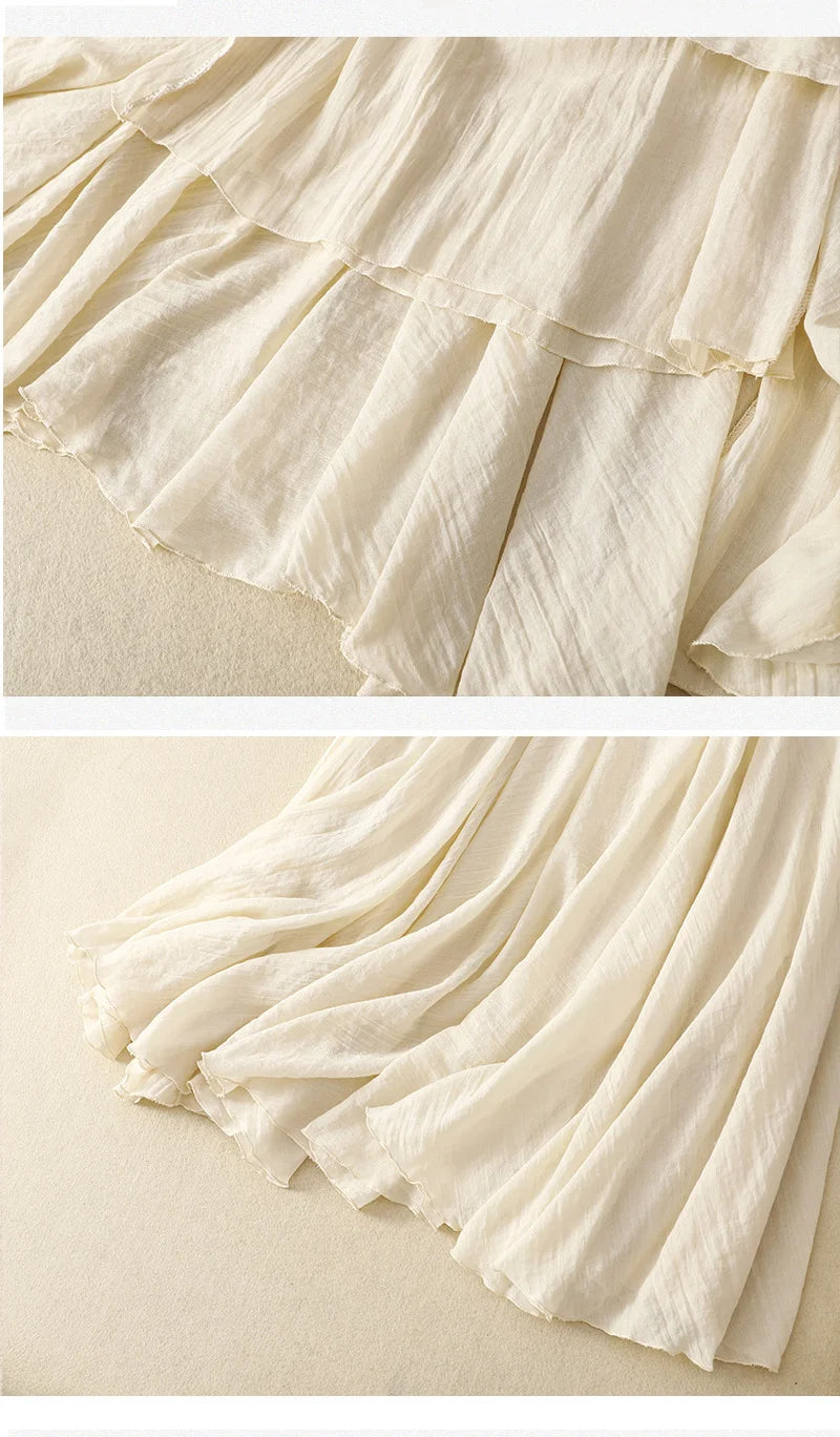 Slim Cotton Leaf Edge Double Layer Half Skirt Loose Waist.