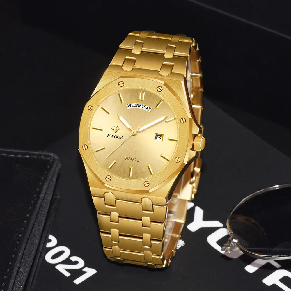 WWOOR Luxury Men Watch Business Quartz Clock Date Luminous Men's Watches Stainless Steel Waterproof Wristwatch Relogio Masculino