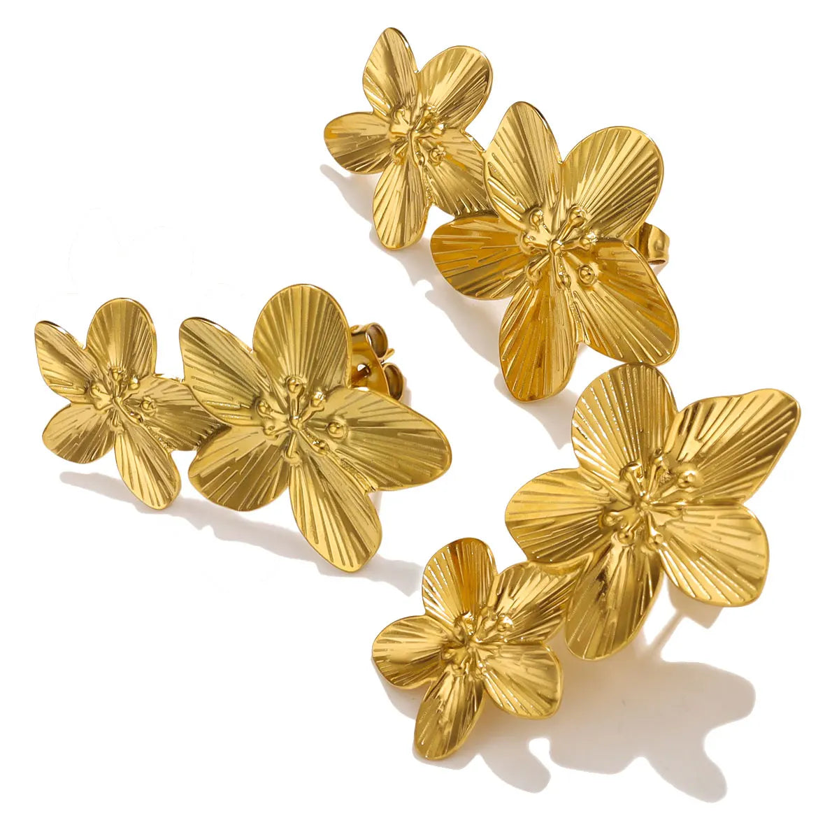 Stainless Steels Flower Earrings  Women Double Layers Statement Gold plated Earrings Fashion Large Hanging Stud Party Jewelry