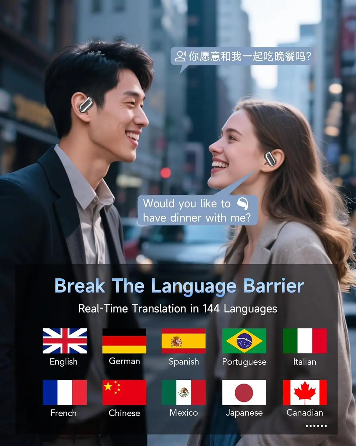 Headphones with automatic translation, compatible with 144 languages.