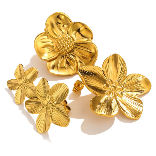 Stainless Steels Flower Earrings  Women Double Layers Statement Gold plated Earrings Fashion Large Hanging Stud Party Jewelry