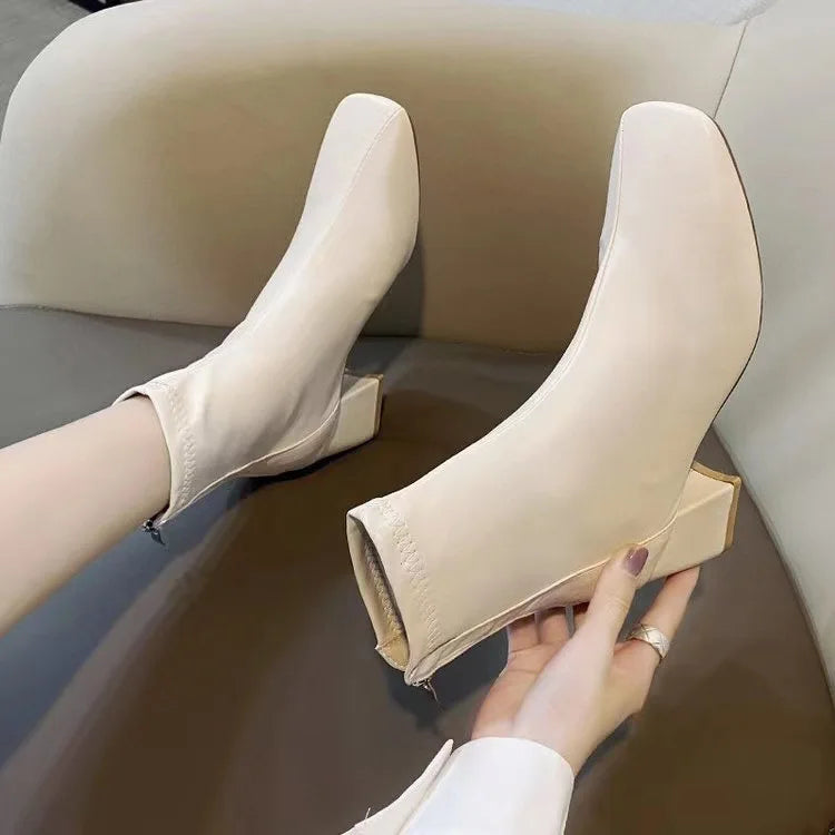 Winter Women Ankle Boots Female Square Toe High Heels Short Boot Ladies Warm Plush Zipper Platform Shoes Botas Mujer 2023