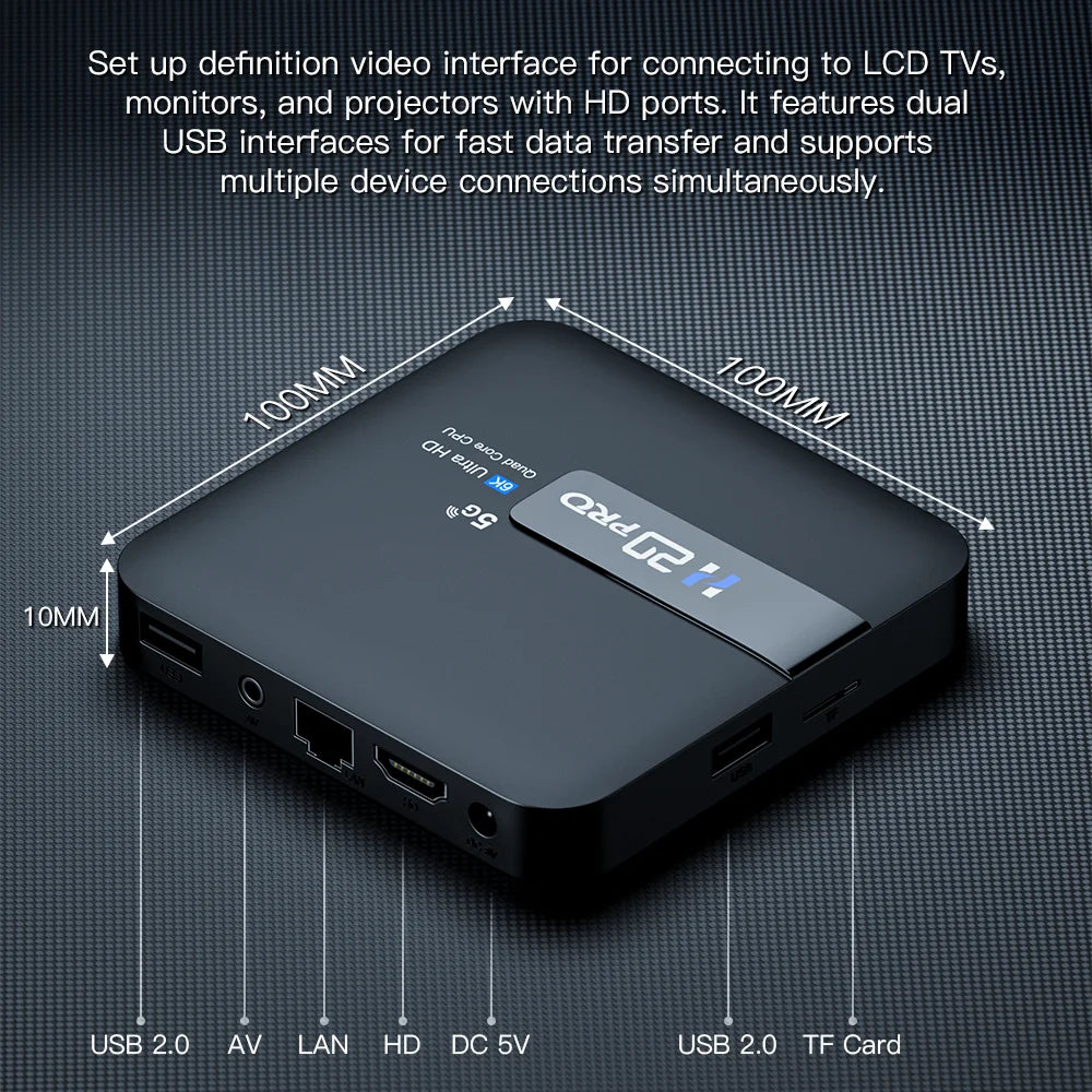 H20PRO Android 10 TV BOX 4k HD Dual Wifi Quad Core 1080P Video.