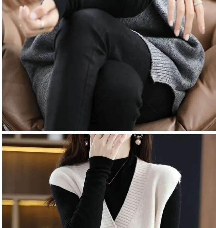 Navy blue plus size vest, medium to long length, in knit fabric.