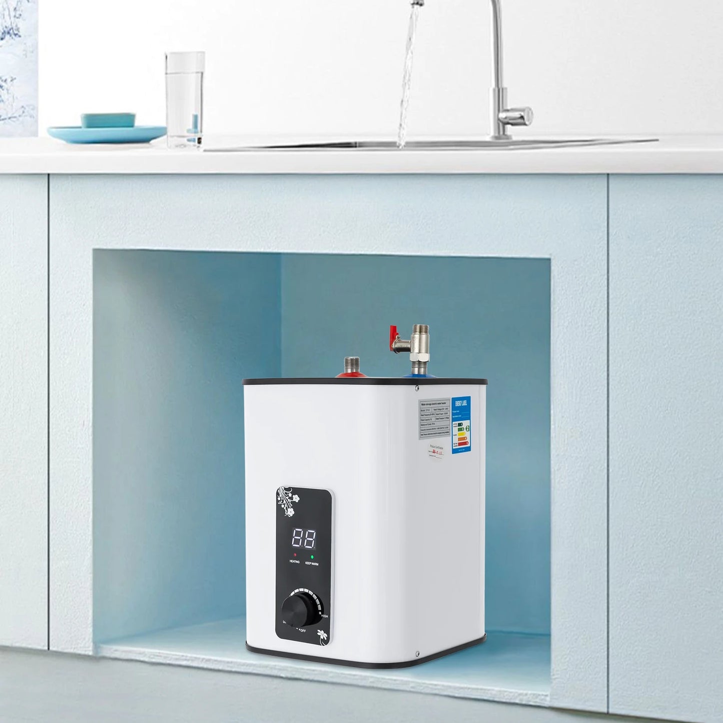 1500W 8L Electric Water Heater Instant Under Sink Stainless Steel Tank Fast Heating IPX4 Safe for Kitchen Bathroom RV SY-8