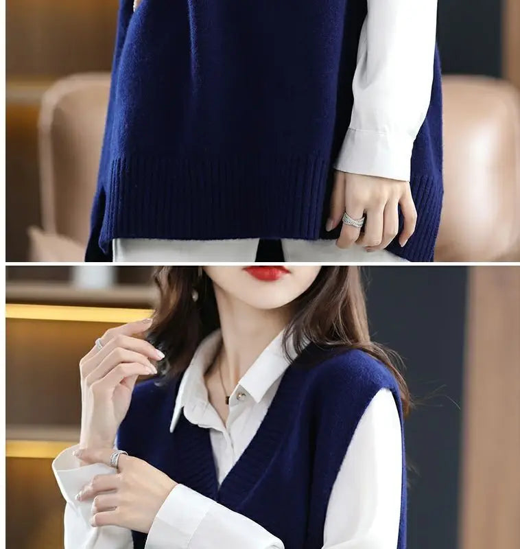 Navy blue plus size vest, medium to long length, in knit fabric.