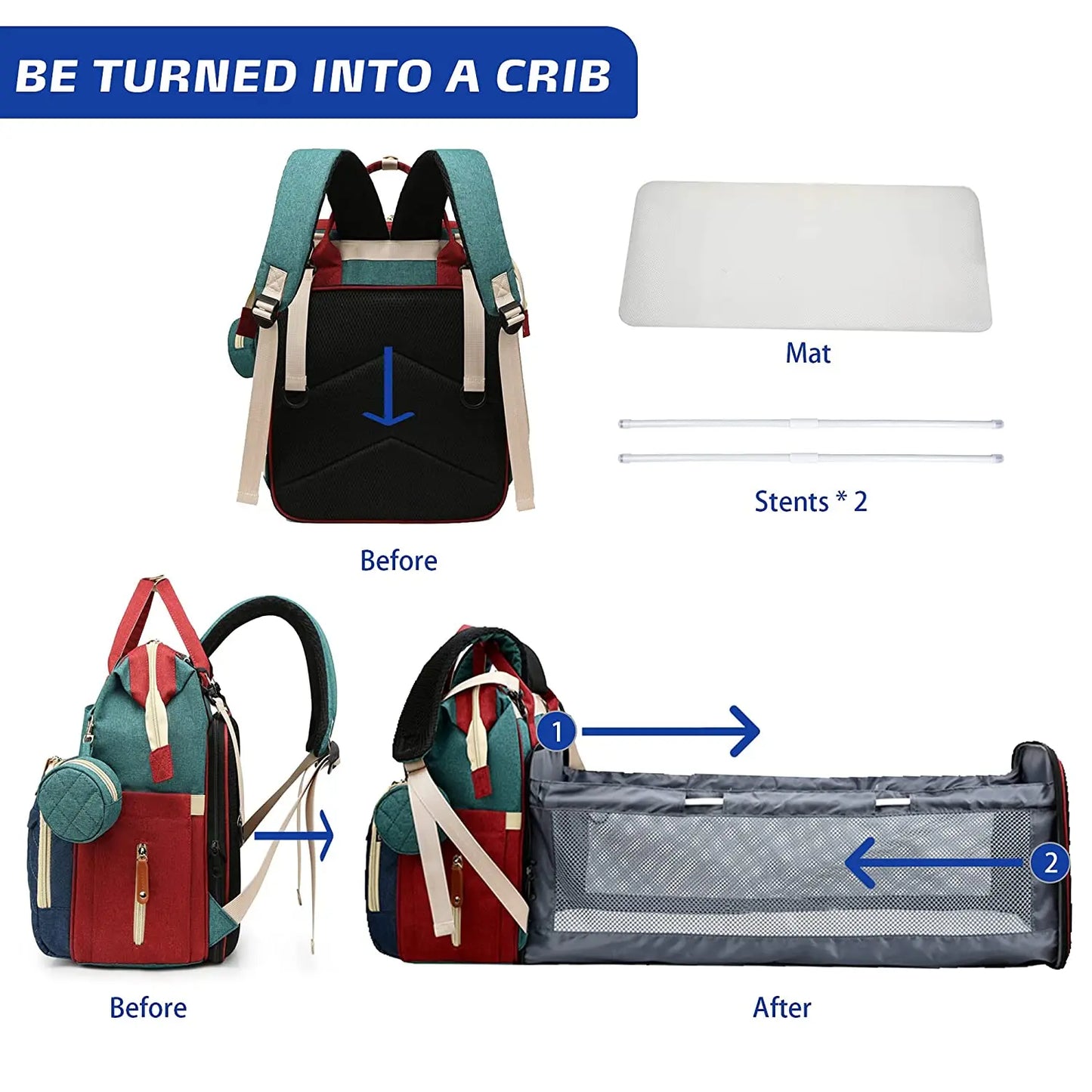 3 In 1 Diaper Bag Backpack Foldable Baby Bed.