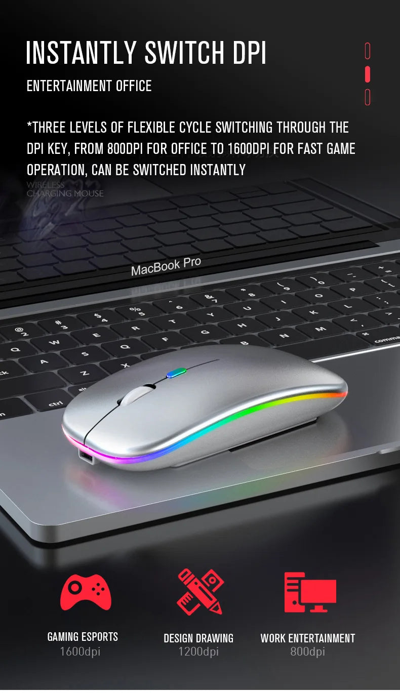 Rechargeable Bluetooth wireless mouse with USB connection.