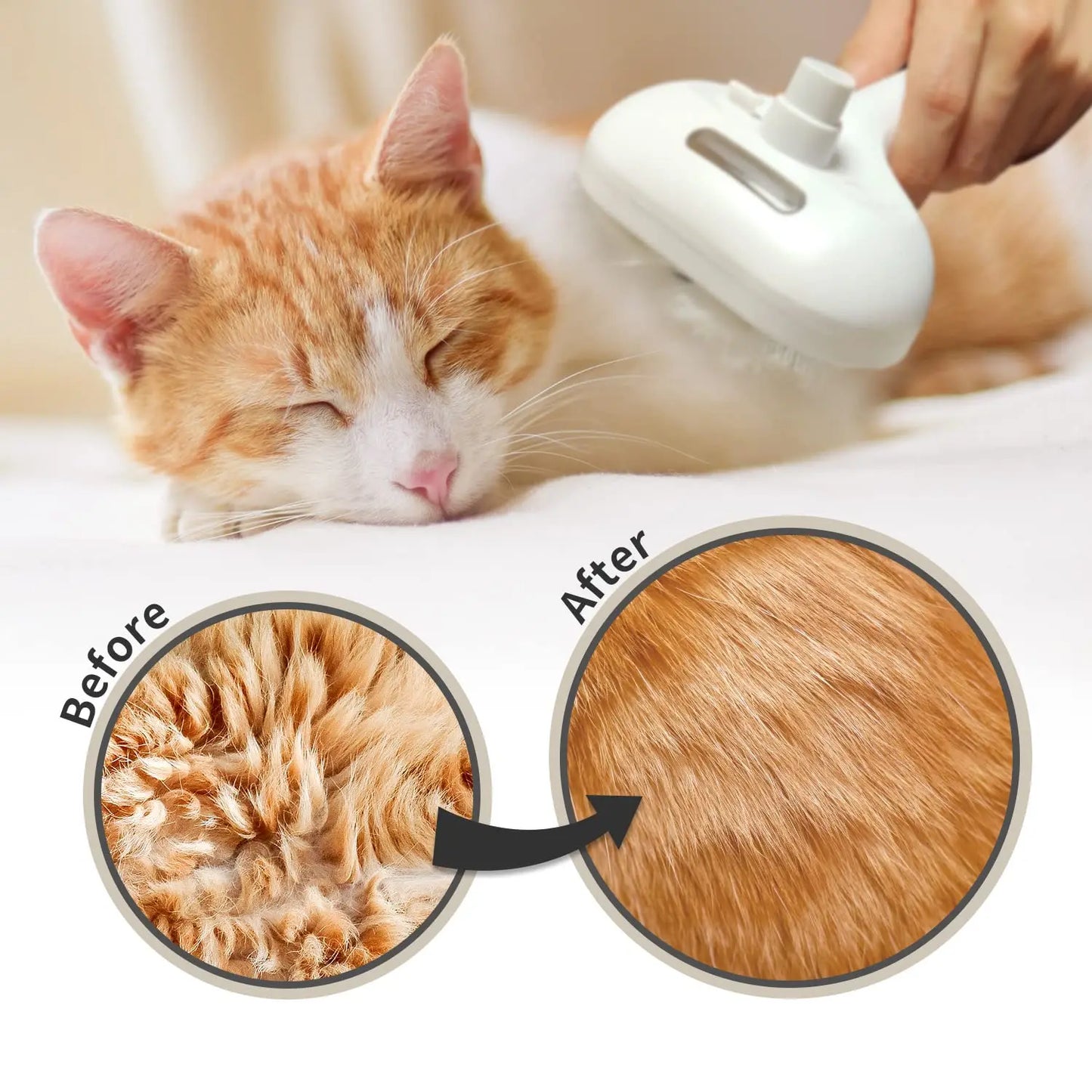Steam brush for cats with self-cleaning function and steam jet that removes loose hair.