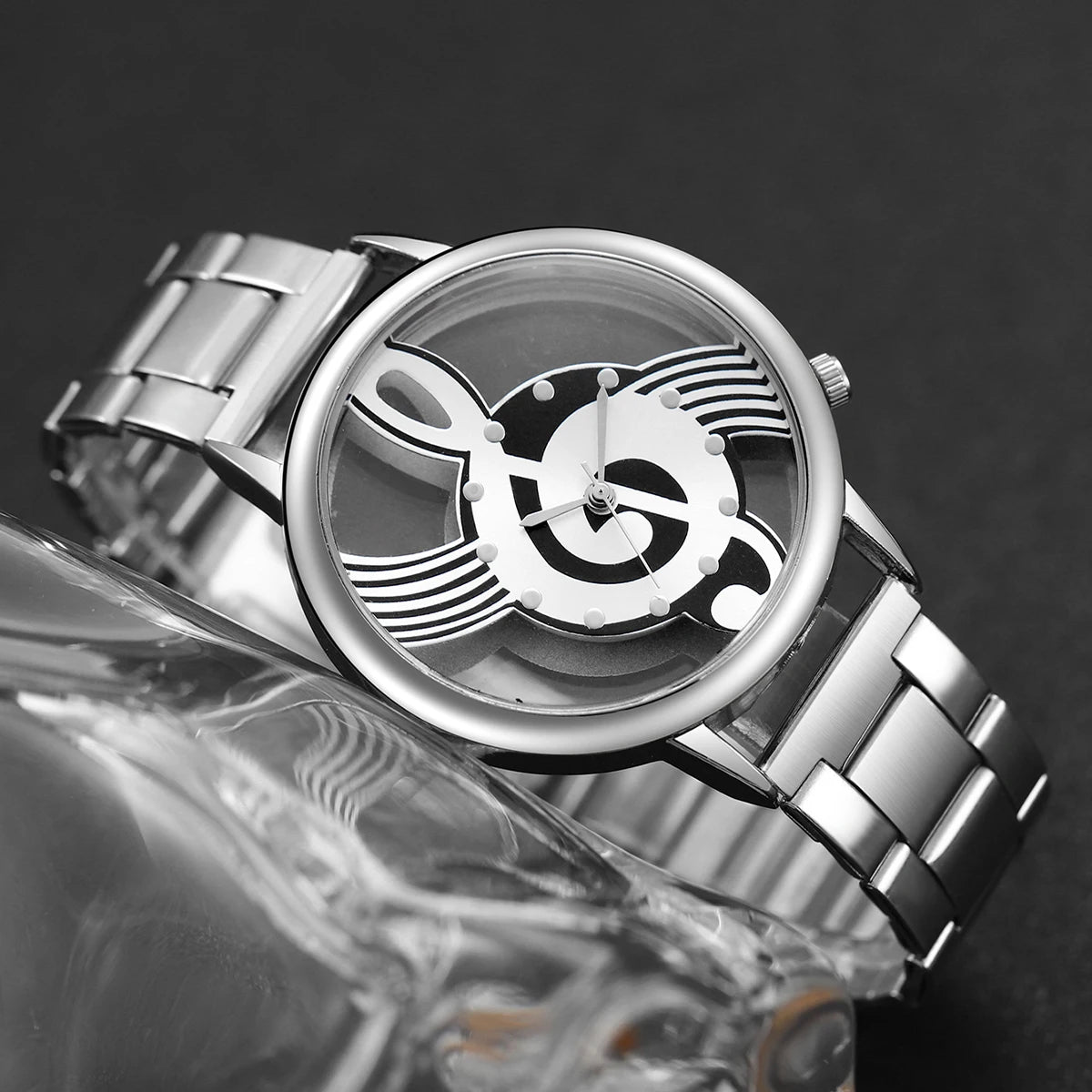 2PCS/Set Fashion Women's Watch Hollow-out Musical Note Dial Steel Band Quartz Watches Heart Bracelet Set（Without Box）