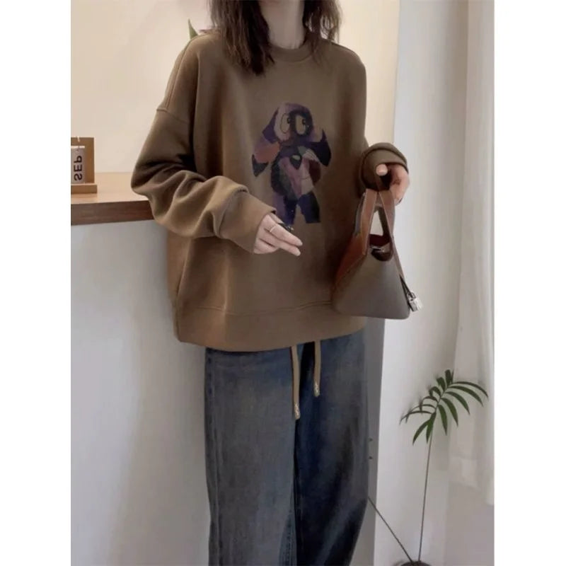 Plus Size Fleece Round Neck Sweatshirt Loose Casual Pullover Malat Brown Top