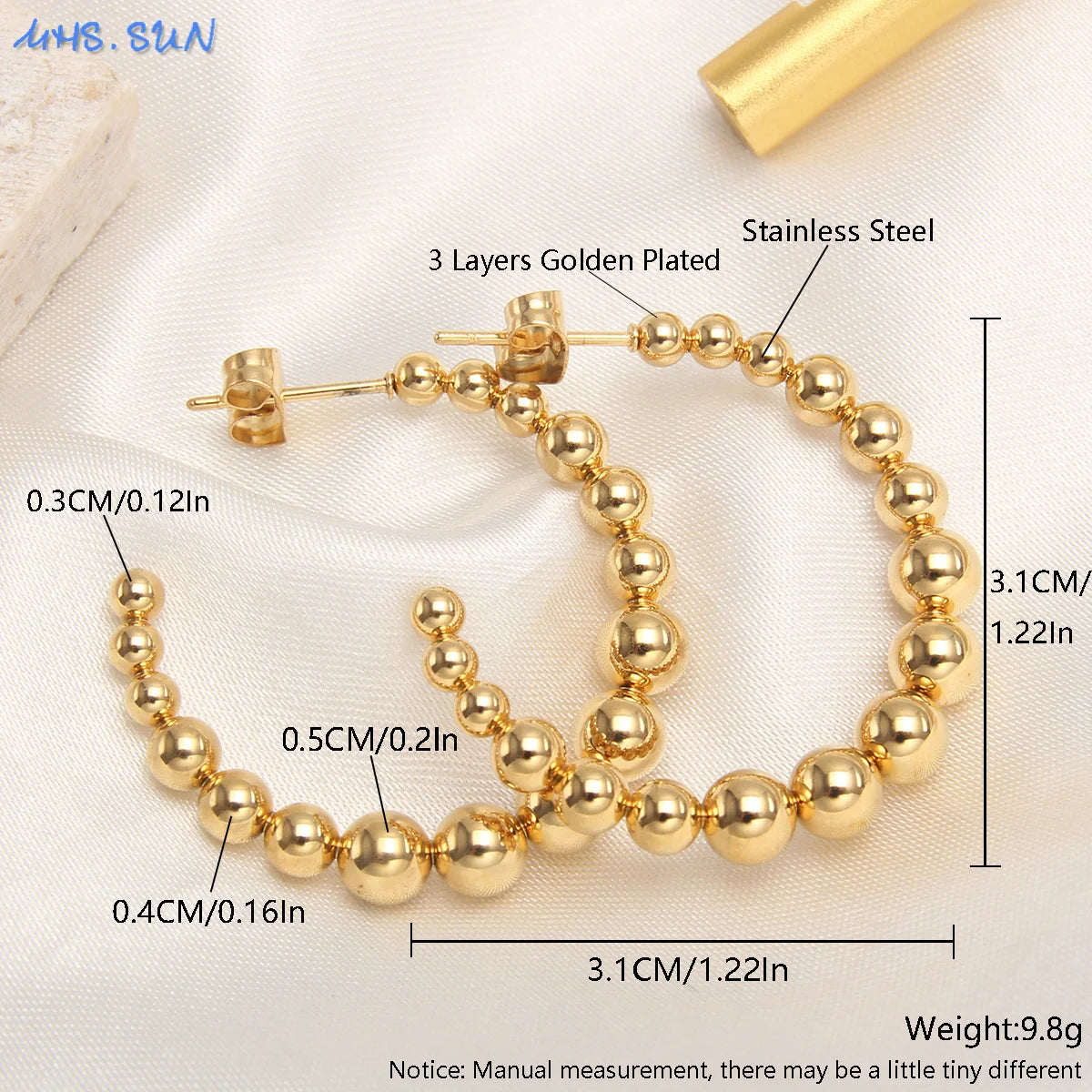 MHS.SUN Luxury Gold Plated Square Round Stainless Steel Hoop Earrings Cross Ball Beads Earring For Women Girls Wedding Jewelry
