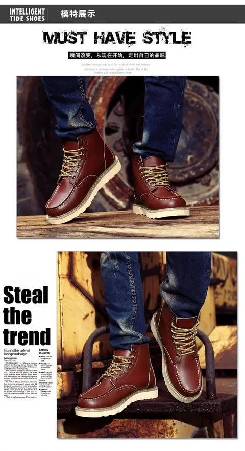 Men's High-Top Leather Motorcycle Boots Ankle Fashion Shoes Autumn Winter