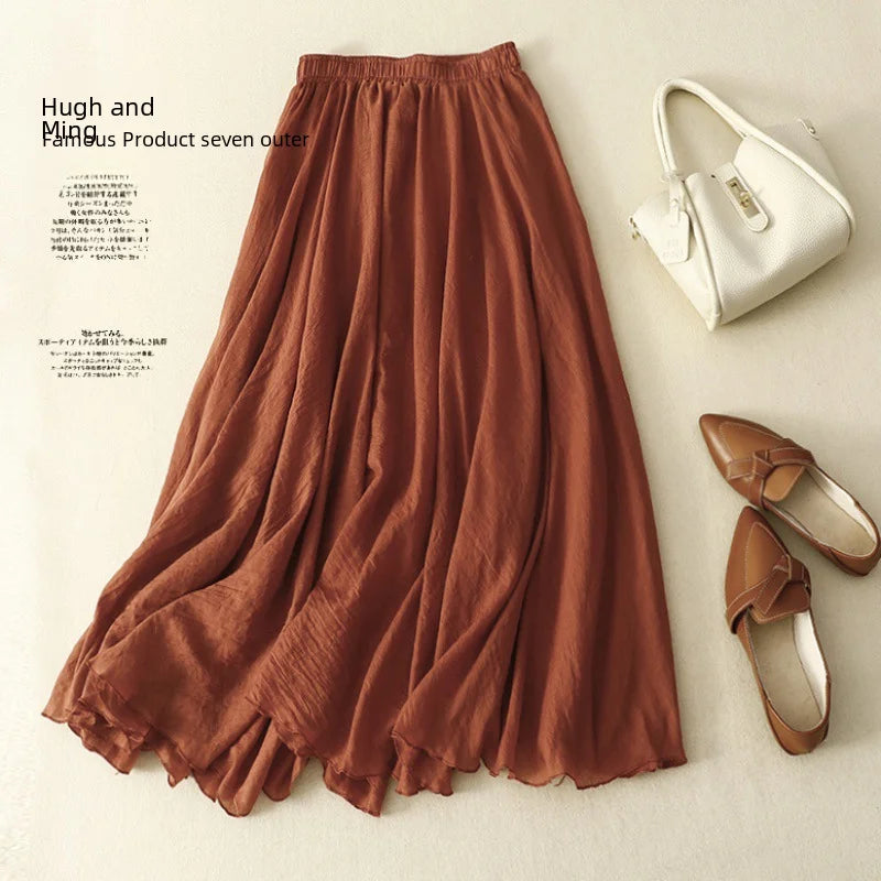 Slim Cotton Leaf Edge Double Layer Half Skirt Loose Waist.