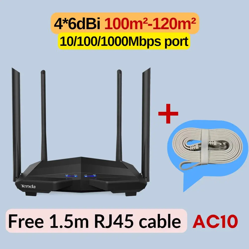 Tenda WIFI Router AC1200 Dual-Band 2.4G 5GHz AC10 Wireless Router Wi-Fi Repeater 4*6dBi Antenna 802.11ac Wave 2.0 Gigabit Router