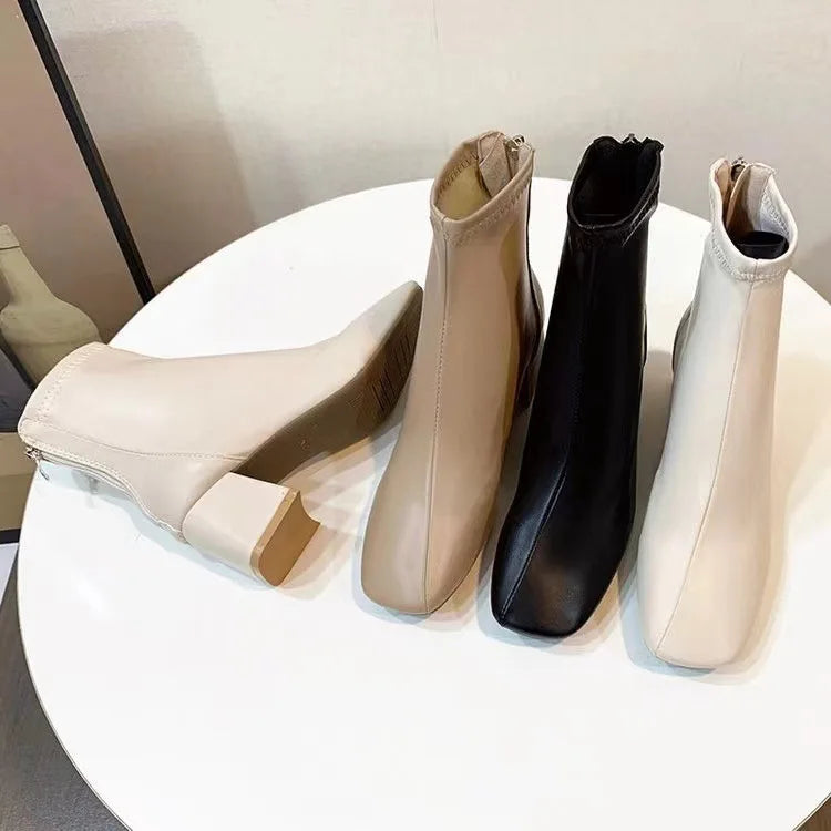 Winter Women Ankle Boots Female Square Toe High Heels Short Boot Ladies Warm Plush Zipper Platform Shoes Botas Mujer 2023