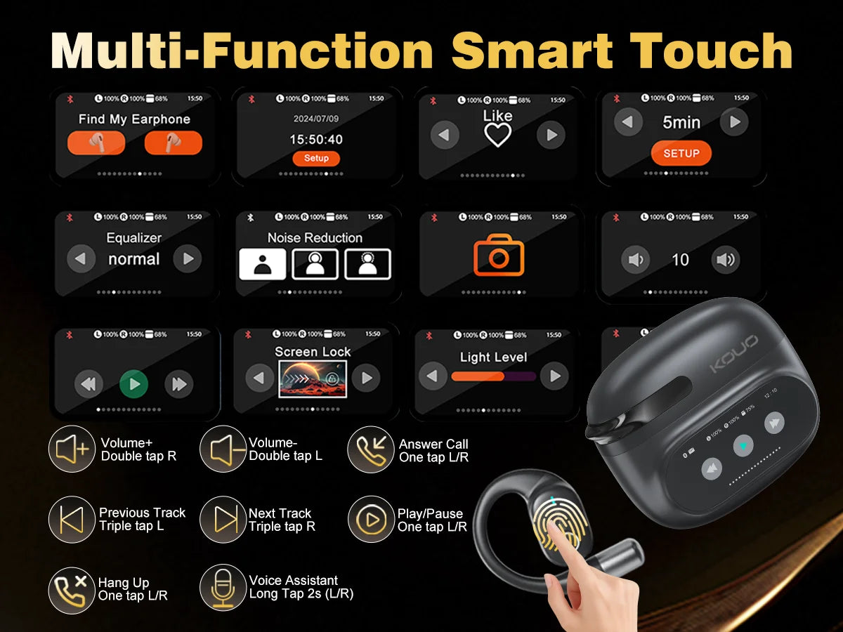 KOUO Open Bluetooth headphones with real-time translation for 164 languages.