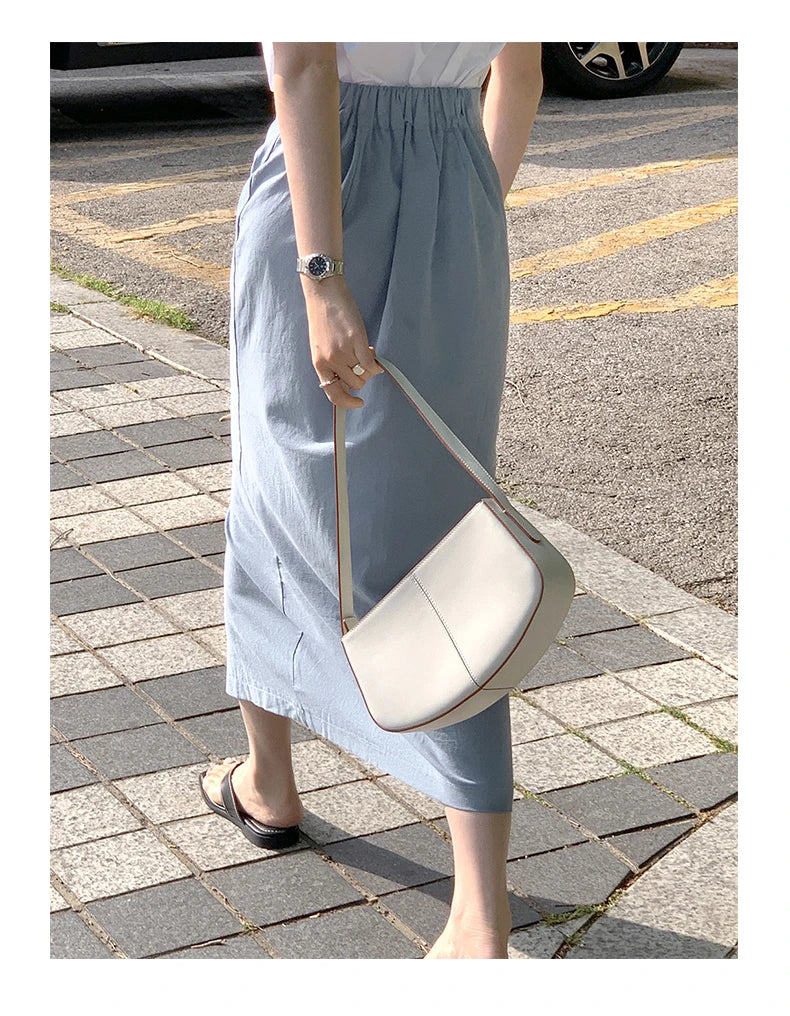 Women's Cotton Linen Skirt High Waist Elastic.