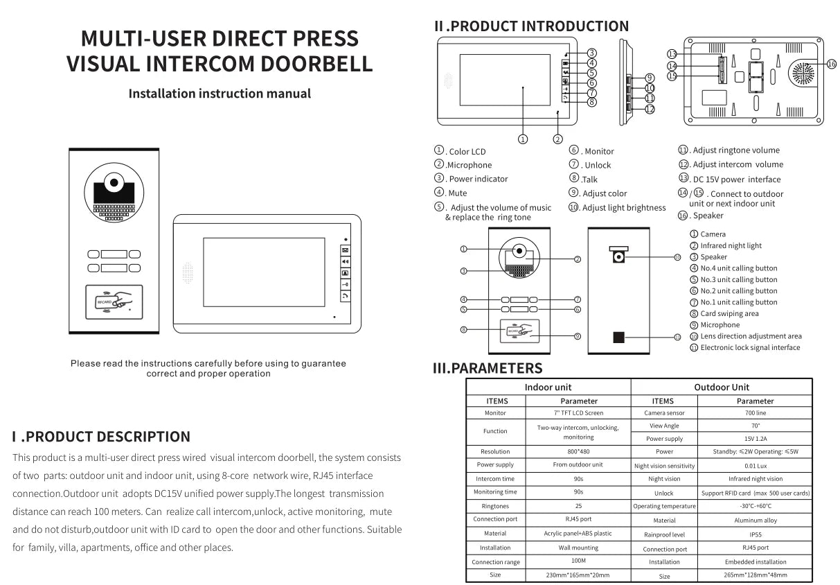 7 Inch Color Video Door Phone doorbell RFID Access Control Camera System for 2/3/4Unit  multi apartments Intercom