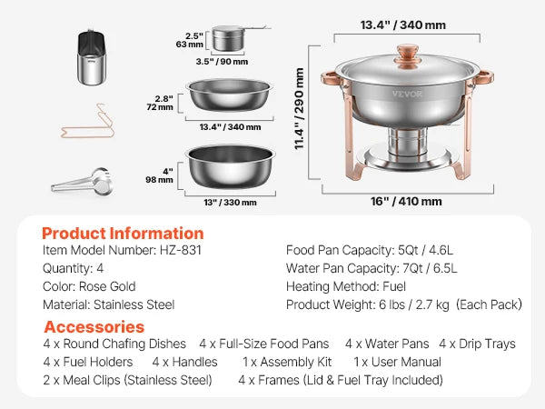 VEVOR 4 Pack Chafing Dish Buffet Set Stainless.