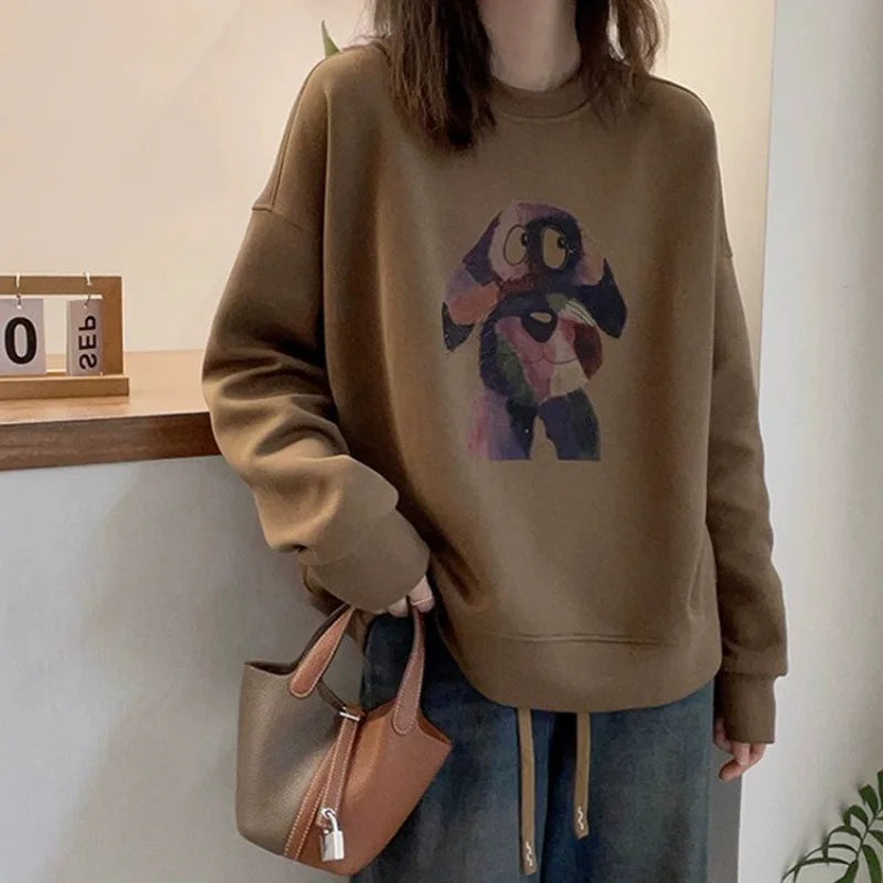 Plus Size Fleece Round Neck Sweatshirt Loose Casual Pullover Malat Brown Top