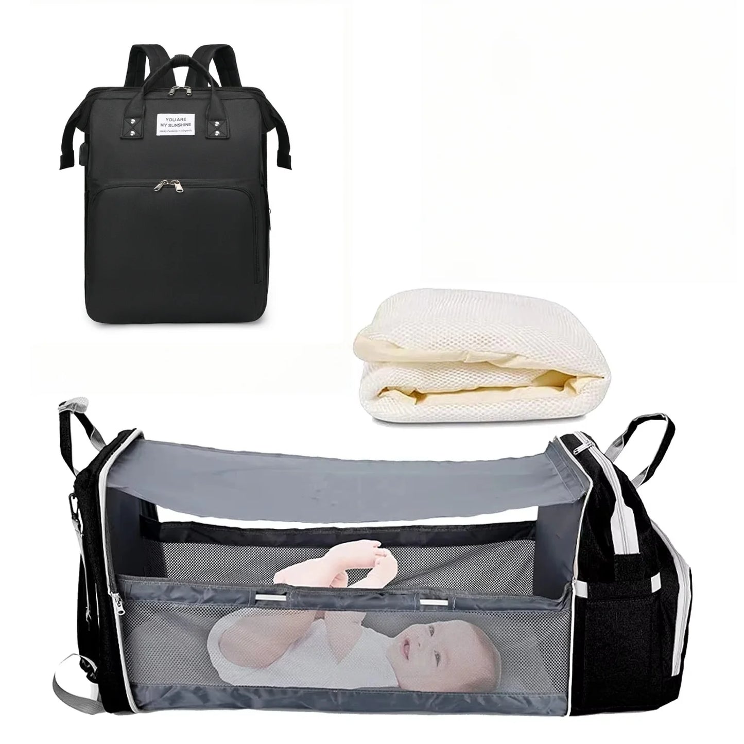 3 In 1 Diaper Bag Backpack Foldable Baby Bed.