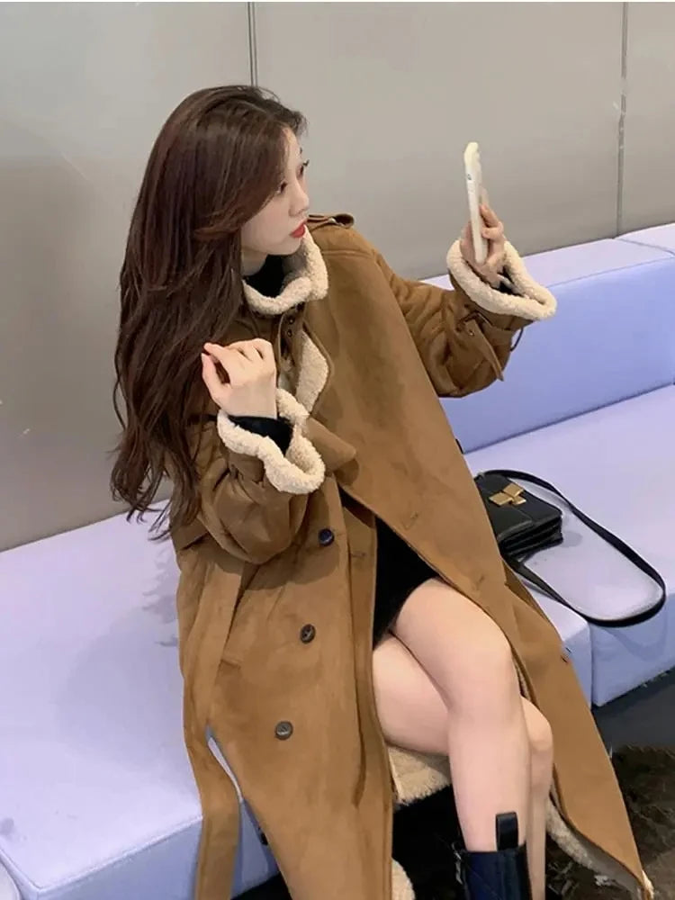 2024 Autumn Winter New Medium Long Double-breasted Lambswool Suede Woolen Coat Women Add Velvet Padded Warm Fur One Woolen Coats