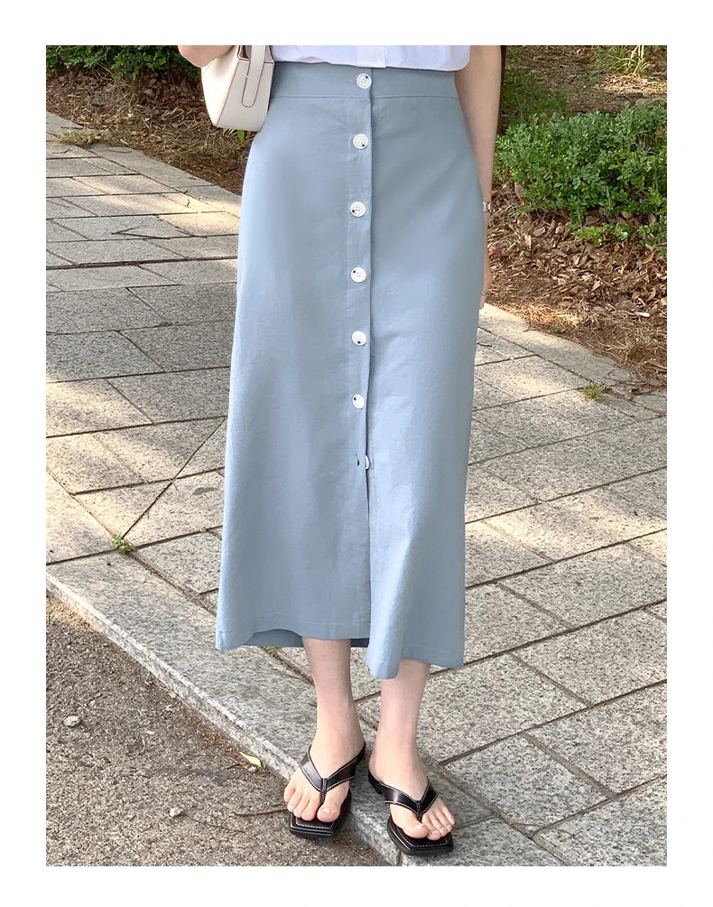 Women's Cotton Linen Skirt High Waist Elastic.