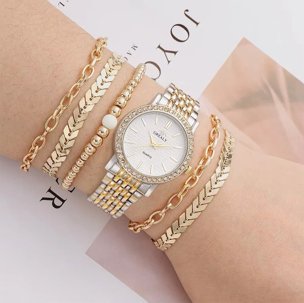 6pcs Women's Watch Casual Stainless Steel Strap Material Quartz Watch and Jewelry Bracelet Set