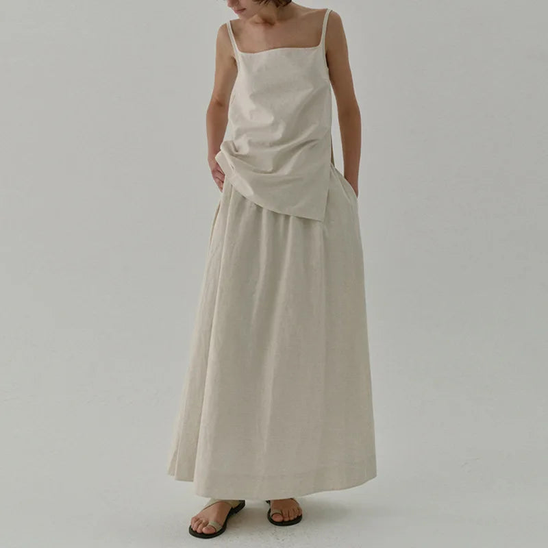 Chic Side Split Vintage Linen Skirt Women's Solid Color.