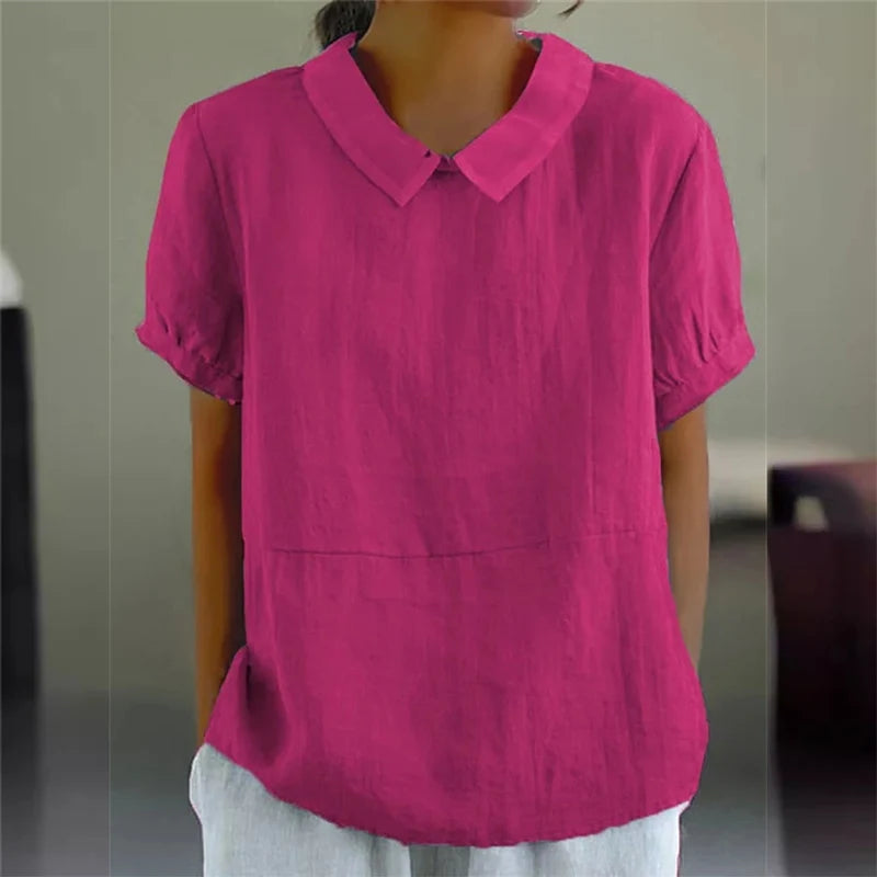 Solid Color Cotton Linen Lapel Pullover Shirt Women Summer.