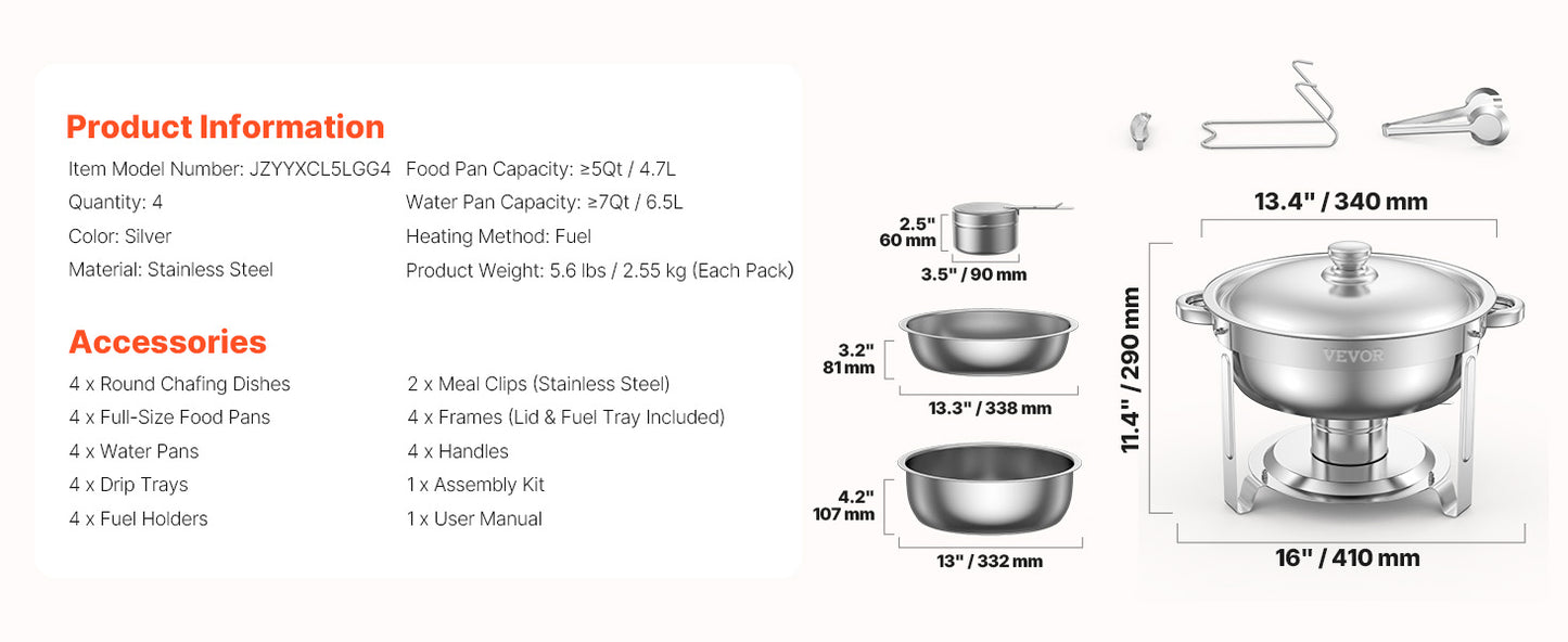 VEVOR 4 Pack Chafing Dish Buffet Set Stainless.