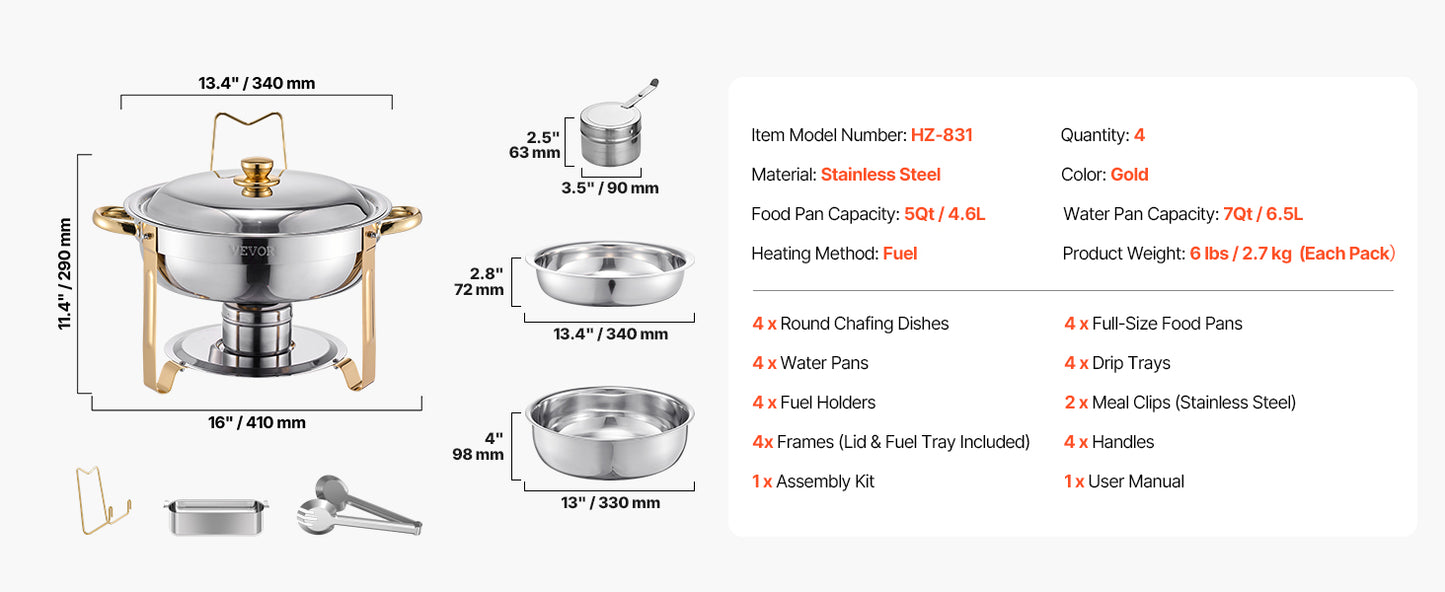 VEVOR 4 Pack Chafing Dish Buffet Set Stainless.